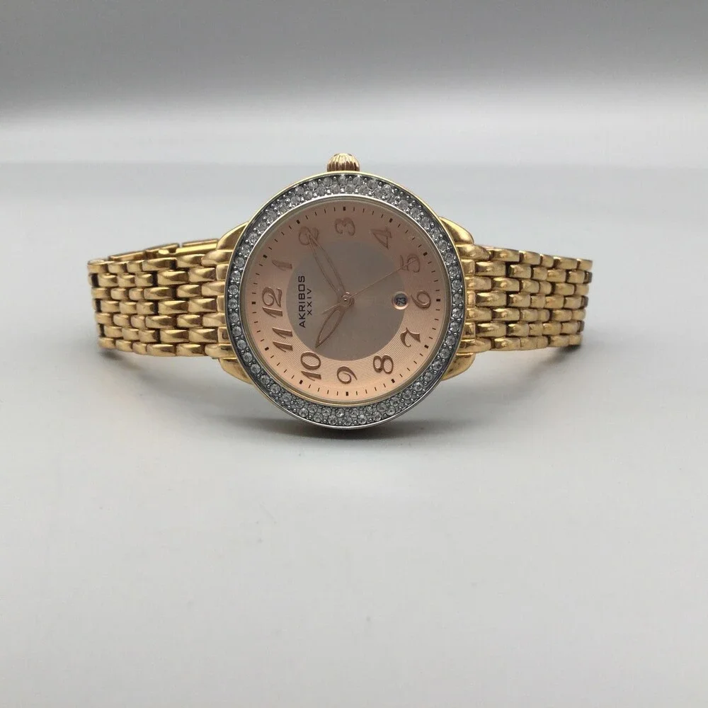 Akribos XXIV Womens Watch 33mm Gold Tone Crystals Date New Battery 7.5